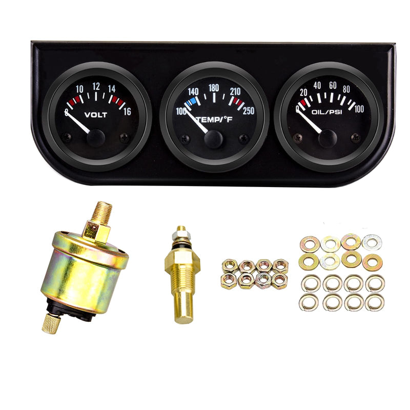 2" 52mm Triple Gauge Set (Volt Meter+Water Temperature+Oil Pressure Meter) Stainless Steel 3 in 1 Gauge Kit with Black Console for 12V Cars Ships Boats Truck Motorcycle Marine Automotive