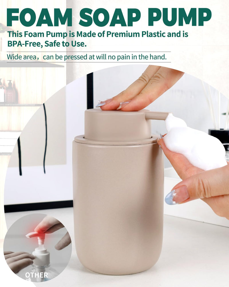 BosilunLife Foam Soap Dispenser - Ceramic Foaming Hand Wash Dispenser for Bathroom Modern Farmhouse Small Soap Dispenser Lotion Hand Pump Dispenser for Kitchen Sink (Khaki, Foam Pump) Khaki-foam Pump