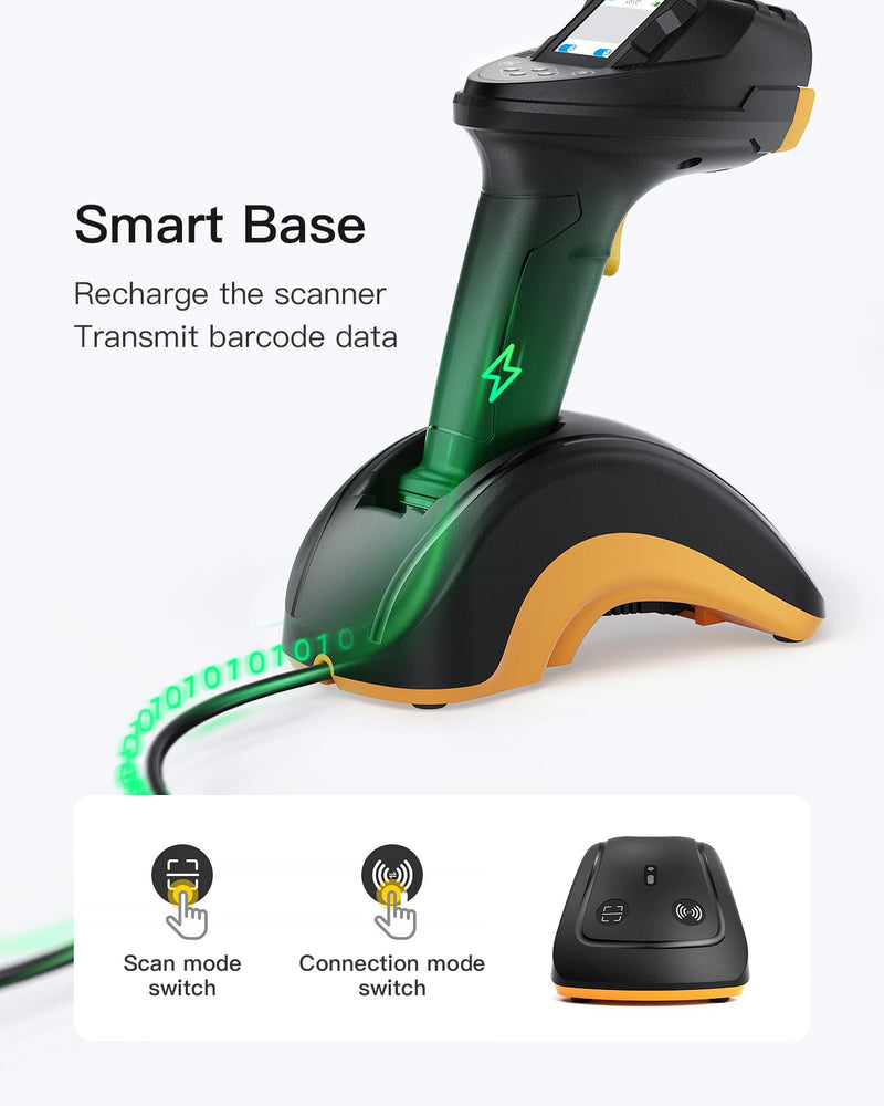 Inateck Bluetooth Barcode Scanner, 2D 1D Wireless Handheld Scanner, QR Code Scanner, Equipped with a Smart Base, CMOS+CCD Dual modules, Larger scanning Range, Supports app SDK