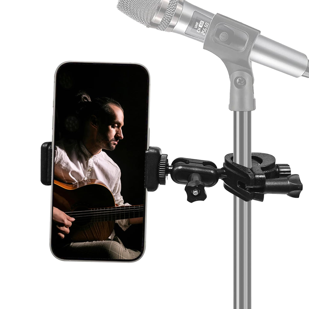 Mic Stand Phone Holder Mount Adjustable Phone Holder for Mic Microphone Music Stand [Dual Ballhead 360°Swivel] iPhone Mic Stand Holder for iPhone 15 14 13 12 Pro Max Samsung Galaxy, Any Smartphones