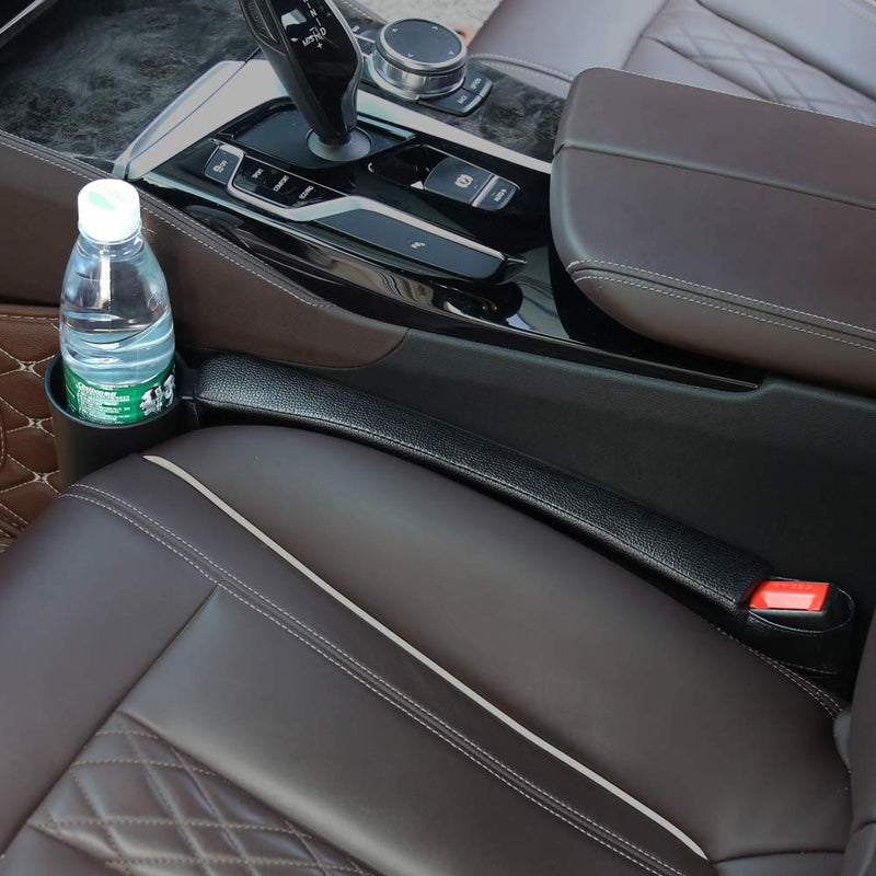 Supin 2 prices Car Seat Gap Filler Pad PU Leather Console Side Pocket Organizer and one cup for Cellphone Wallet Coin Key (Black) Black