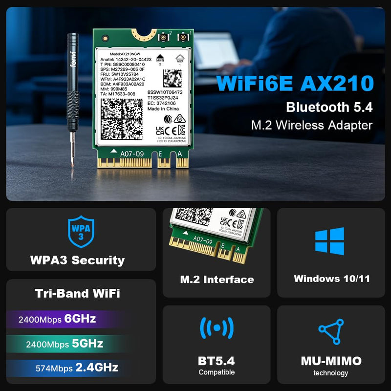 WiFi 6E AX210NGW M.2 Card, 6GHz Low Latency Gaming Streaming, Windows 10/11 | NGFF M.2 Key A+E, Up to 5400Mbps Ultra-Fast, Tri-Band 2400/2400/574Mbps, Bluetooth 5.4, WPA3, Easy Setup for Laptop Upgrade