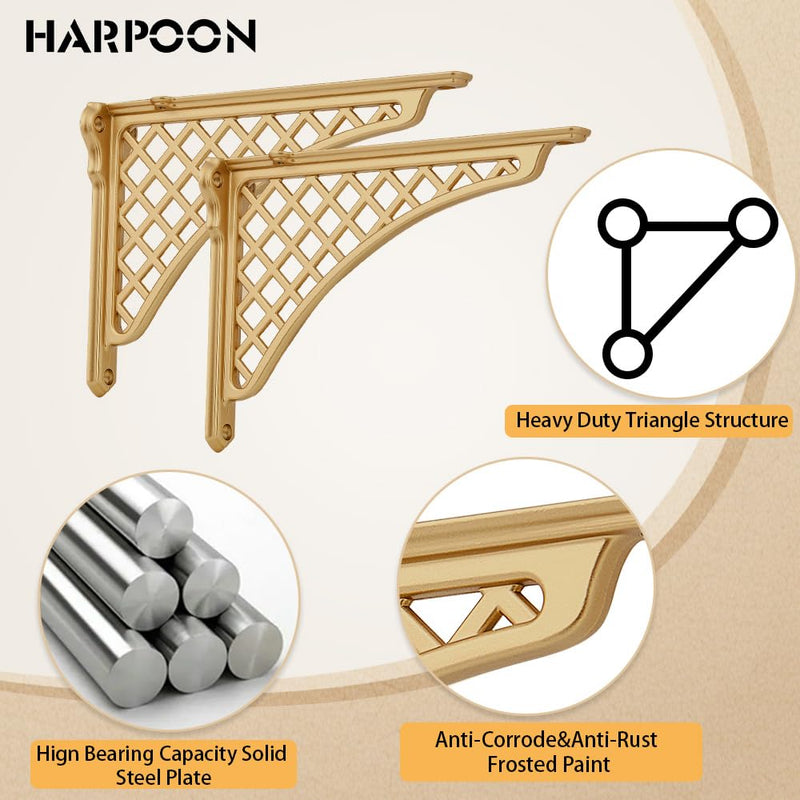 HARPOON 2 Pack Heavy Duty Cast Iron Victorian Shelf Bracket, 8 Inches Gold Baroque L-Shaped Shelf Brackets, DIY Projects, Hardware Included 8 Inch