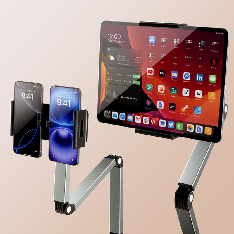 Aluminum Alloy Rotatable Plate Bracket Holder, Mechanical Arm, Universal Cantilever, Universal Metal Desktop Dual Device Bracket, for iPhone, iPad, Tablet, PC Phones