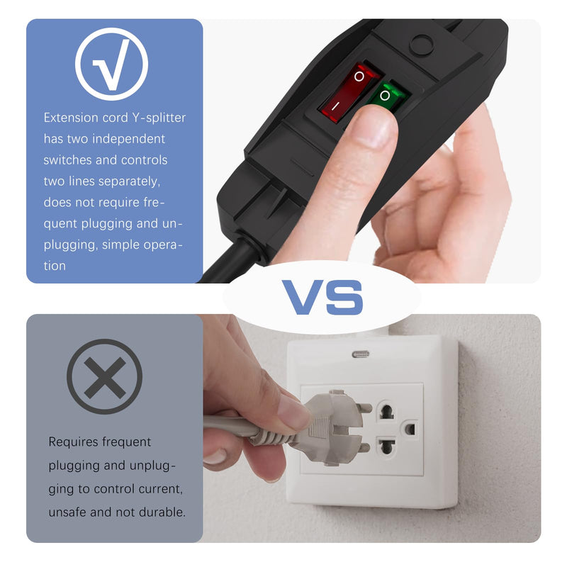2-Way 3 Prong Extension Cord with Switch ON/Off, Heavy Duty Outdoor Extension Cord Splitter with One NEMA 5-15P Plug and Two NEMA 5-15R Receptacles, Black,15FT 15FT