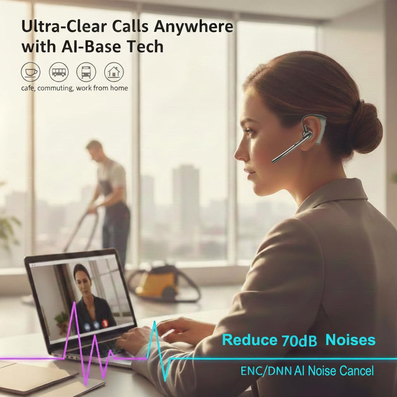 Bluetooth Headset Wireless Headphones Over Earbud Hook with Long Mic | Pro Noise Cancelling Ear Piece Handsfree for Work Turcker Driving Cellphone Laptop Calls,Privacy Mute,8-20Hrs Use V8H