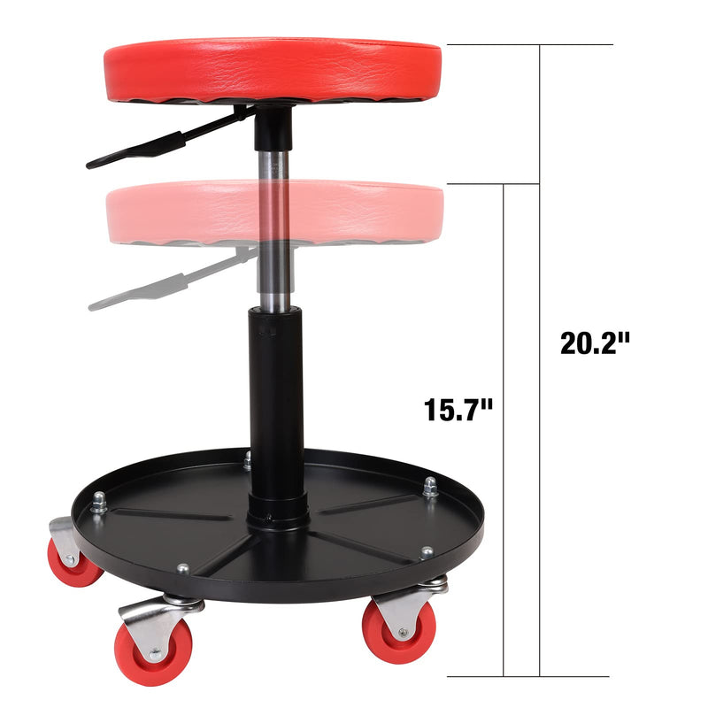 Torin ATRHL6201B Heavy Duty Rolling Pneumatic Creeper Garage/Shop Seat: Padded Adjustable Mechanic Stool with Tool Tray Storage, Red 250 LBS 250LBS Creeper Seat 1