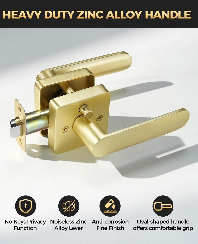 Brushed Gold Door Handles Interior for Bedroom & Bathroom, 1 Pack | Heavy Duty Zinc Alloy, Modern Thick Door Lever with Lock, Keyless Privacy, Reversible Left or Right Handed, Adjustable Latch Brushed Gold