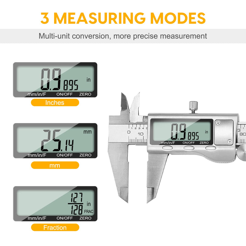 Digital Caliper, Sangabery 6 inch Stainless Steel Caliper Measuring Tool with Inch/Metric/Fractions Conversion and Large LCD Display, Perfect for DIY, Household and Professional Use 20-F