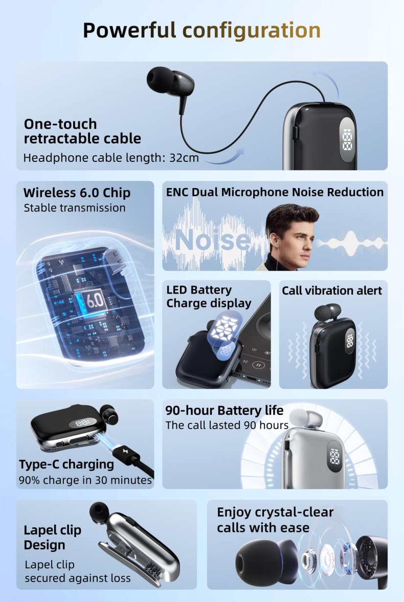 Retractable Lavalier Bluetooth Headset, Dual-Mic ENC Call Noise Reduction Orange