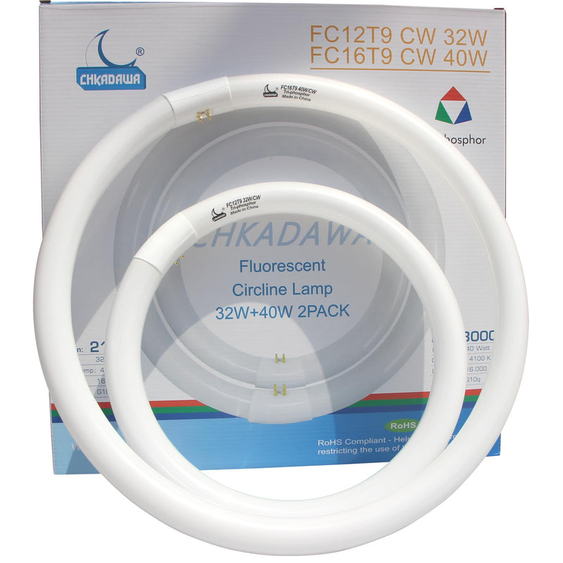 FC16T9/CW 40W and FC12T9/CW 32W Cool White Set, 16 inch T9 40 Watts Circular Bulb & 12 inch 32 Watts Round Fluorescent Light Bulbs, Circline Kitchen and Bath Light Bulb, 4100K, G10q 4 pin Prong