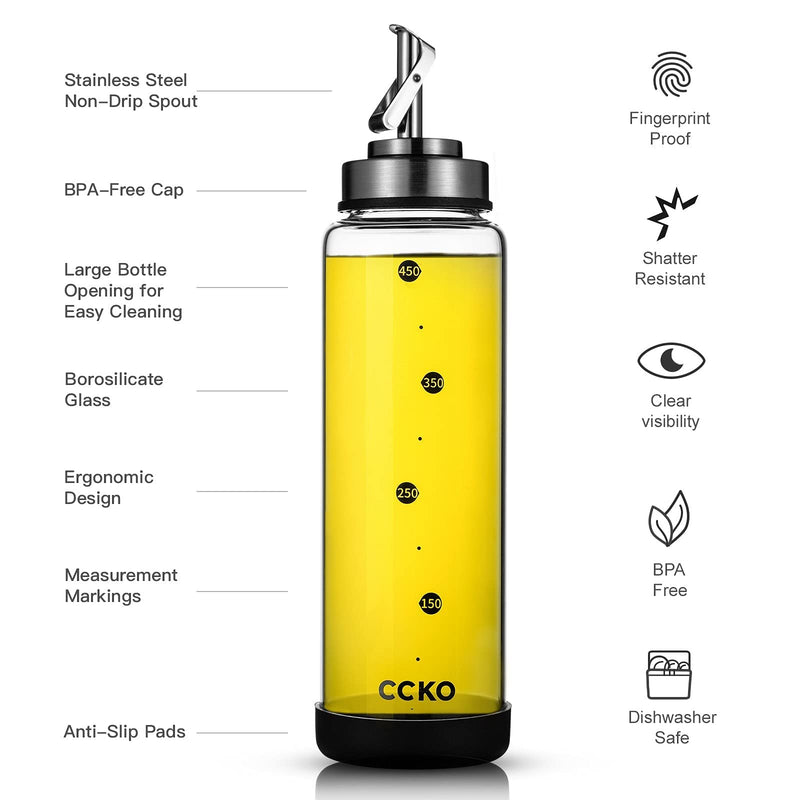 Glass Olive Oil Dispenser Bottle Shatterproof and Leakproof with Stainless Steel Spouts High Temperature Resistant 17oz Cooking Oil and Vinegar Cruet Dispenser 17 Ounces 500ml Sand Steel Color