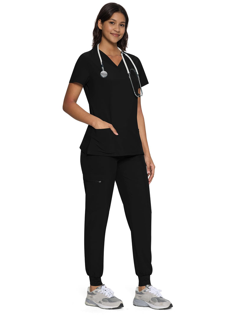 floralhue Scrubs for Women, Women's Medical Scrub Sets, V-Neck Scrubs Top & Cargo Pants with 12 Pockets Small Black