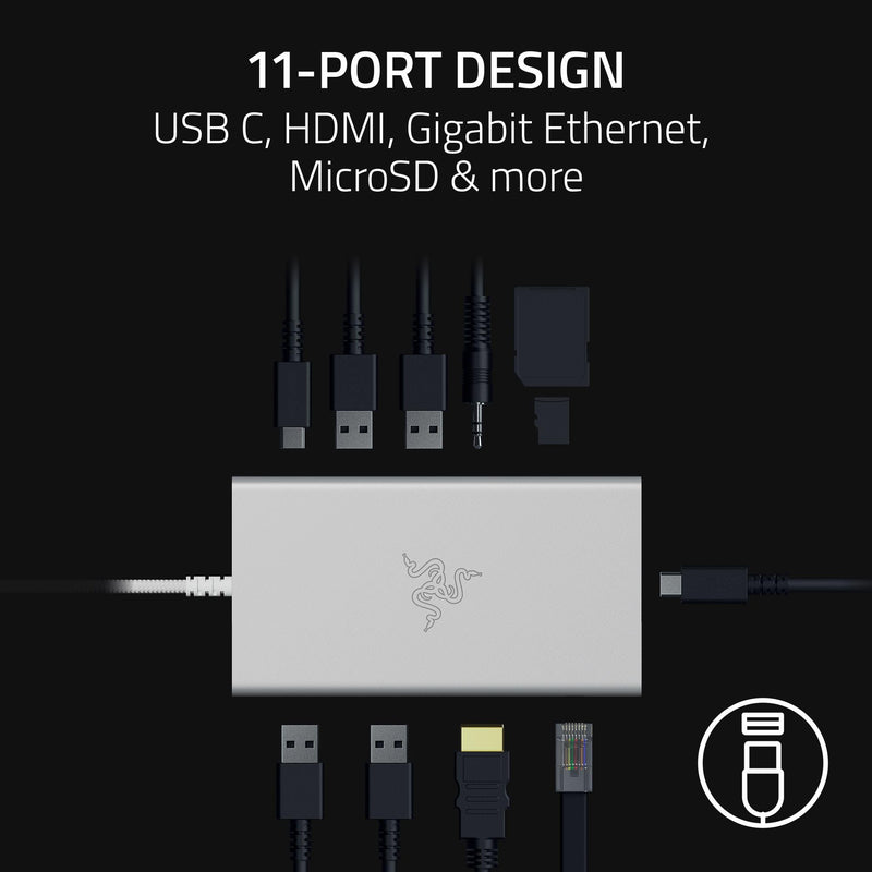 Razer USB C Dock 11-Port Travel Charging Station for Windows MacBook Laptop iPad Surface Chromebook: Type C, HDMI, Ethernet, MicroSD - 4K 60 Hz Display - 85 W Tablets + Mobile Fast Charge - Mercury