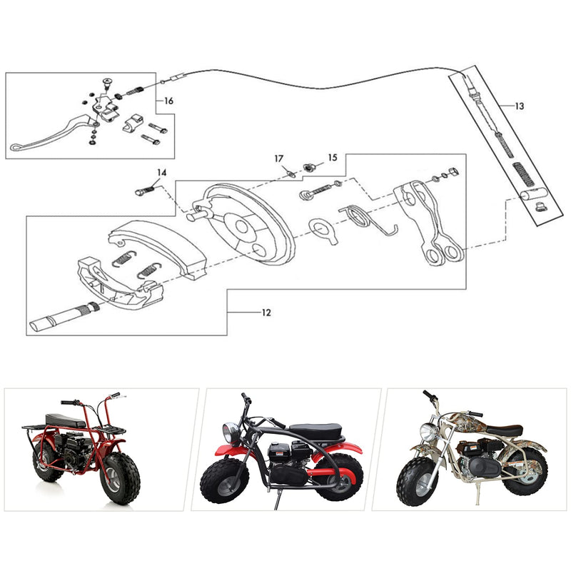 YOXUFA Mini Bike Brake Lever Kit Drum Brake Cable Shoes Replacement for Coleman CT200U CT200U-EX BT200X Baja Warrior Heat MB200 Massimo Axis M200 Predator 212 196cc 200cc Parts W/ 22mm 7/8" Handle brake lever+ brake shoe+ brake cable