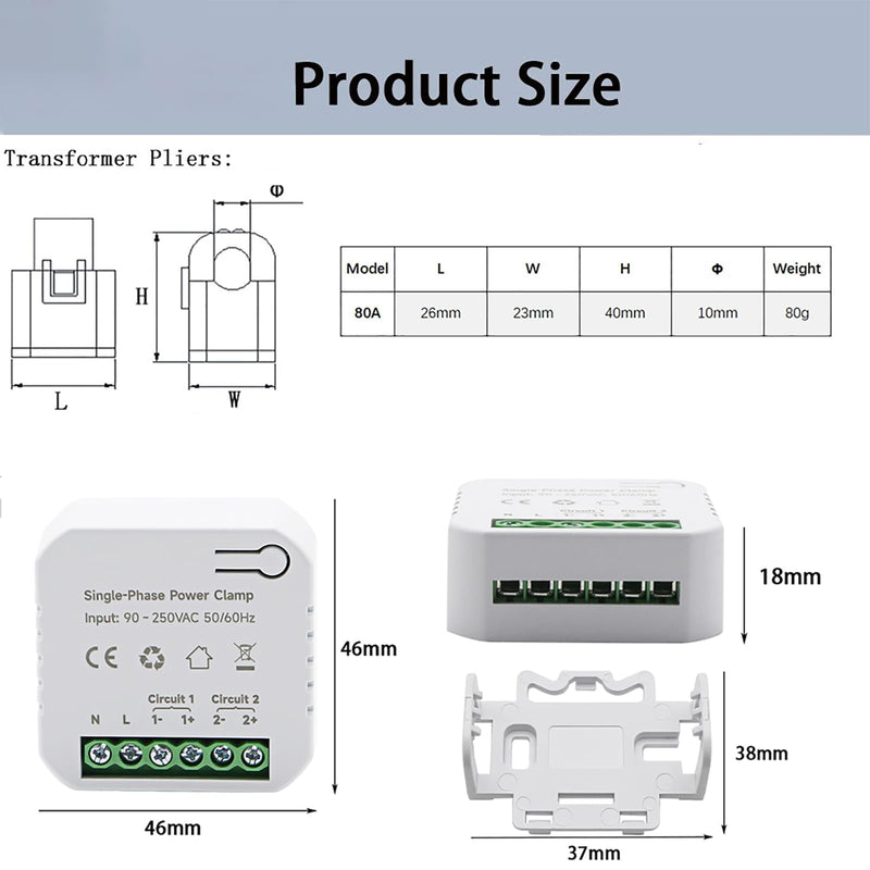 AC110V 220V 80A Tuya App Smart Two-Way Bilateral WiFi Energy Meter with 2PCS 80A CT Current Transformers Clamps Sensors KWh Power Eenrgy Electricity Consumption Monitor Meter Voltmeter Ammeter 80A(CT Diameter 10MM)
