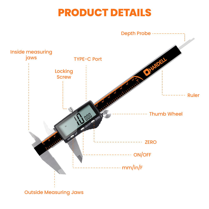 HARDELL Digital Caliper, Rechargeable Calipers with Large LCD Screen, Stainless Steel Caliper Measuring Tool, Auto-Off Micrometer, Inch/MM/Fraction for DIY/Household/3D-printing 6 Inch