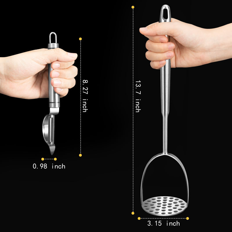 Long Potato Mashers with Peeler,The Long Handle Should Not Be Burned,Easy To Clean Potato Masher Stainless Steel,Size:L Silver-Set-L