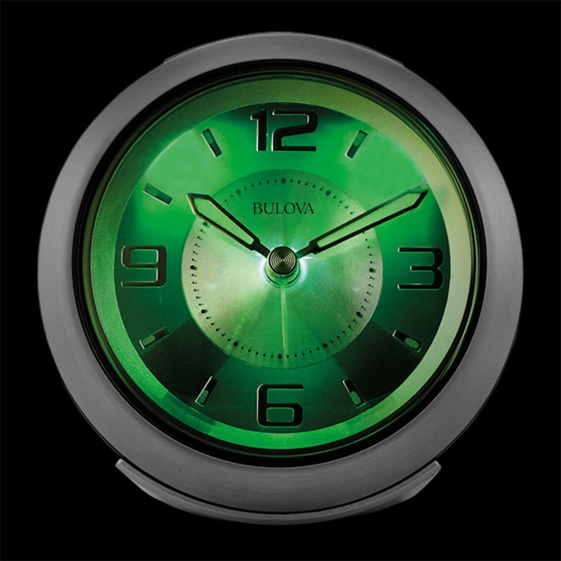 Bulova - 3.75" W x 3.75" H B5027 Lite Night Alarm Clock | Brushed Silver-Tone Case | Illuminated Dial | Luminous Hands | Quiet Sweep | Snooze Function