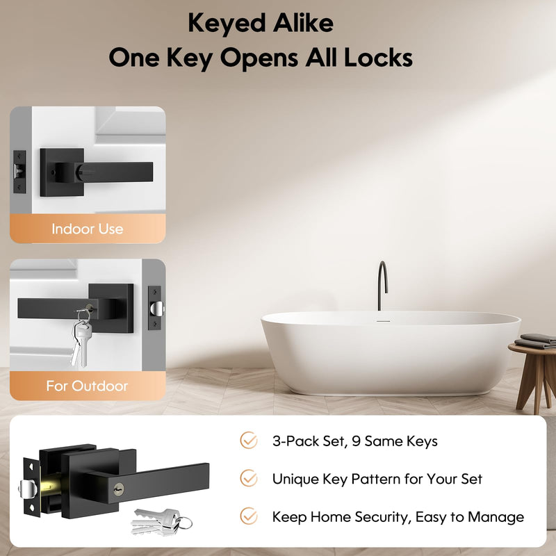 Keyed Alike Door Handles 3 Pack(Same Keys), Matte Black Door Handle with Lock, Zinc Alloy Black Exterior Door Handle, Door Handles Interior for Bedrooms, Heavy Duty2lbs,Reversible for L/R