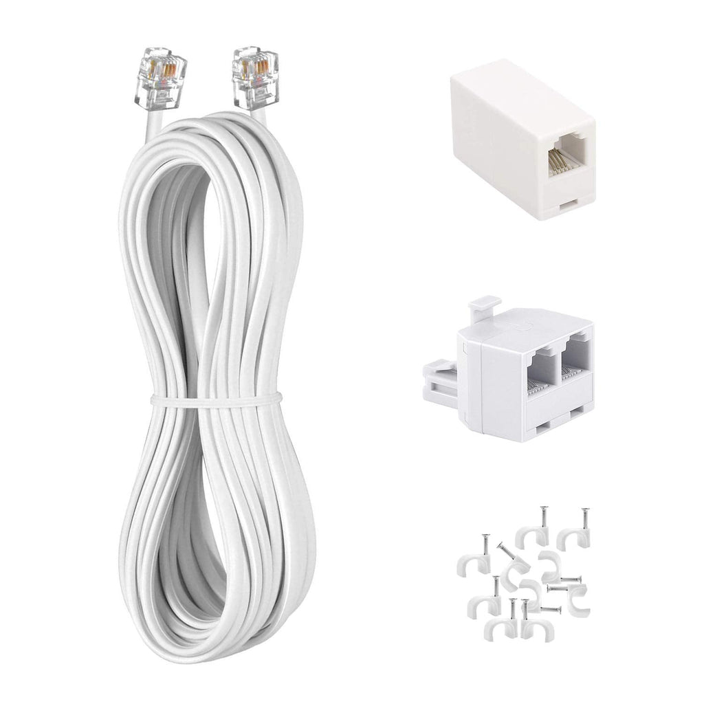 Phone Cord 15FT, Landline Telephone Cable with RJ11 Plug, Includes Telephone Inline Coupler RJ11 Splitter and 10pcs Cable Clips(White) White