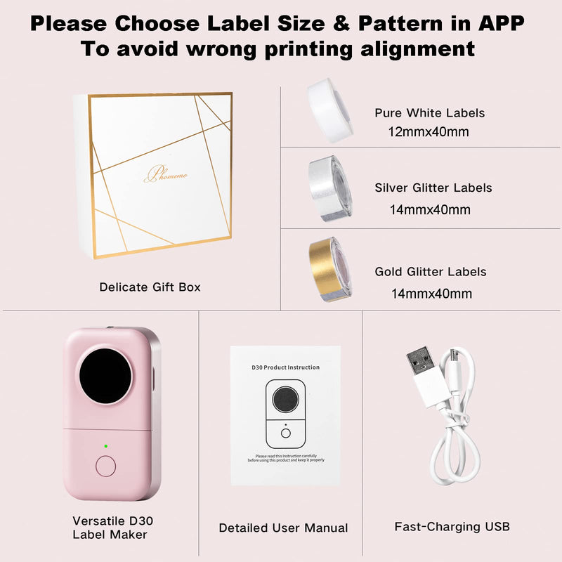 Mini Label Maker - D30 Thermal Bluetooth Label Printer, Mini Rechargeable Label Maker Machine, Portable Sticker Maker Printer, with Label x 3, Compatible with iOS Android for Home Office,Pink Pink 1 Printer + 3 Rolls Label