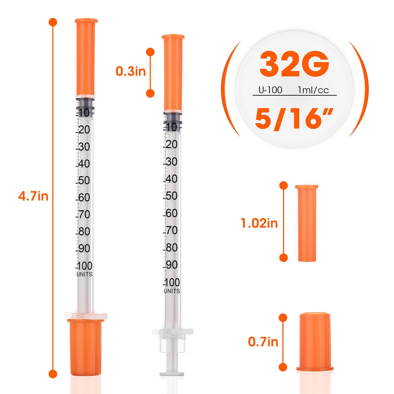 1ml/cc 32G 5/16" (8mm) Syringe, U-100 Scientific Lab Syringes, Disposable Individually Packaged, 100 Pack 1ML-32G 5/16" 100.0