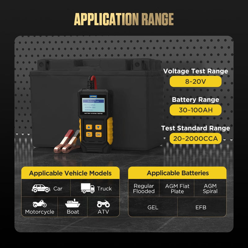 12V Car Battery Tester, 20-2000 CCA Load Tester Automotive,Charging & Cranking Analysis for Motorcycle, Truck, Boat, RV, Marine & More BT360