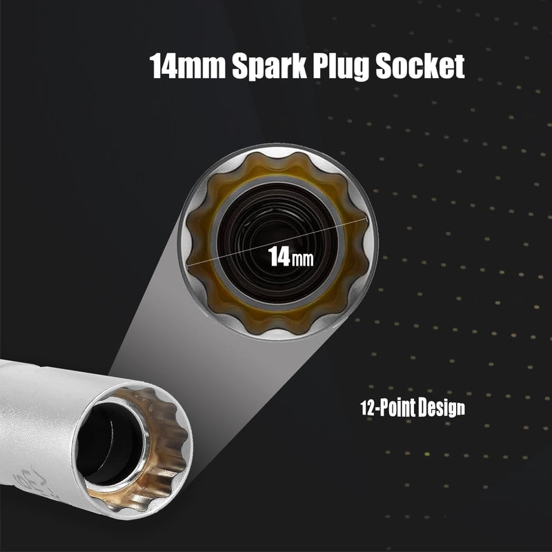 14mm Magnetic Spark Plug Socket,3/8" Drive x 12" Total Length,360 Degree Swivel Thin Wall Spark Plug Socket with 12 Point, Professional Spark Plug Removal Tool for Most Vehicles 14mm