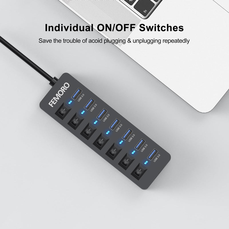 Powered USB Hub 3.0, 5Gbps Data Transfer 7 Ports and 12W Charging-only 1 Port with 5V/3A Power Adapter 4Ft Long Cable & Individual Switches for Laptop PC Flash Drive External SSD HDD Keyboard Mouse 1 Pack 7 USB 3.0 +1 Charging