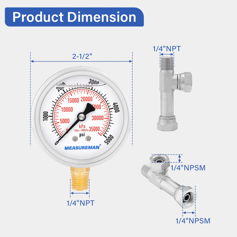 MEASUREMAN Spraying Pressure Gauge Assembly High Pressure Fluid Gauge 1/4" NPT Threads with T Fitting, 0-5000 PSI, Glycerin Filled