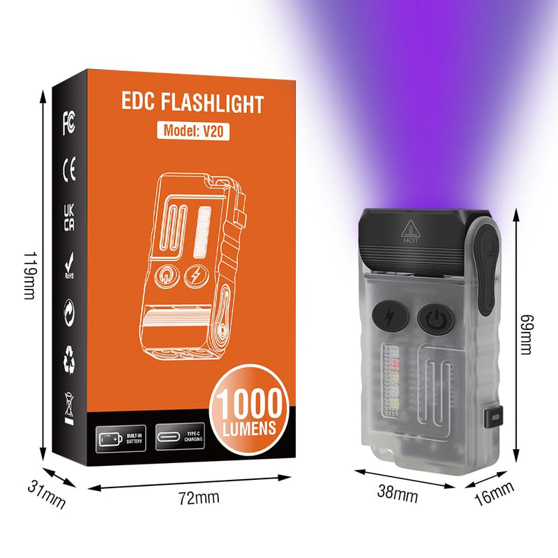 BORUIT Small Powerful EDC Flashlight, Super Bright USB C Rechargeable Pocket Keychain Flash Light with Clip,365nm UV,180°Head Swivels 110dB Buzzer, 13 Modes Magnetic COB Light for Camping, Emergency White Green Red Blue UV UV light version