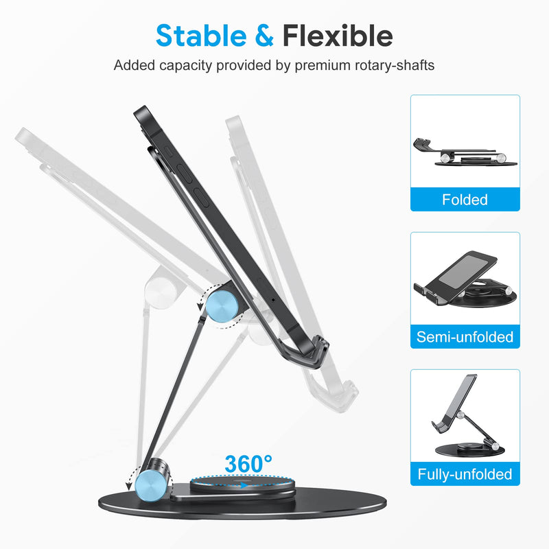 OMOTON Swivel Tablet Stand for iPad with 360 Rotating Base, Foldable Adjustable Holder for Drawing, Compatible with iPad Pro/Air/Mini and More, Black Gray