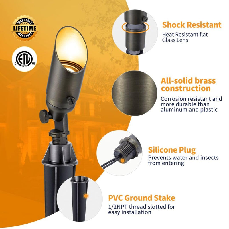 Gardenreet Landscape Spotlights Low Voltage - 12V Brass Outdoor Uplight Low Watt Wired, MR11 LED Spot Lights IP65 Waterproof, Bronze for Garden Yard Tree House with 2.5W 2700K Warm White Bulb Bronze (2700K Warm White) 1-Pack (Wiring Required)