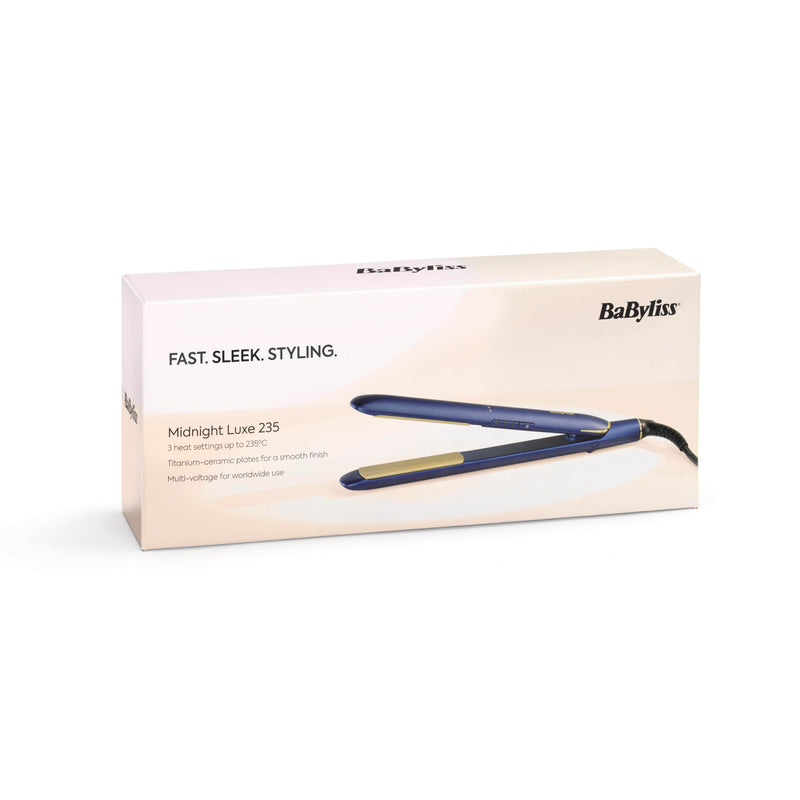 BaByliss Midnight Luxe Hair Straighteners - Titanium Ceramic Floating Plates for Smooth Gliding, Fast 30 Second Heat Up, 3 Heat Settings up to 235°C, Worldwide use, 2516U Single
