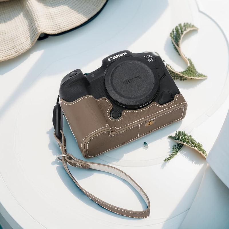 Canon EOS R5 Camera Case,Handmade Genuine Real Leather Half Camera Case Bag Cover for Canon EOS R5 Camera Bottom Opening Version + Hand Strap (Taupe) taupe