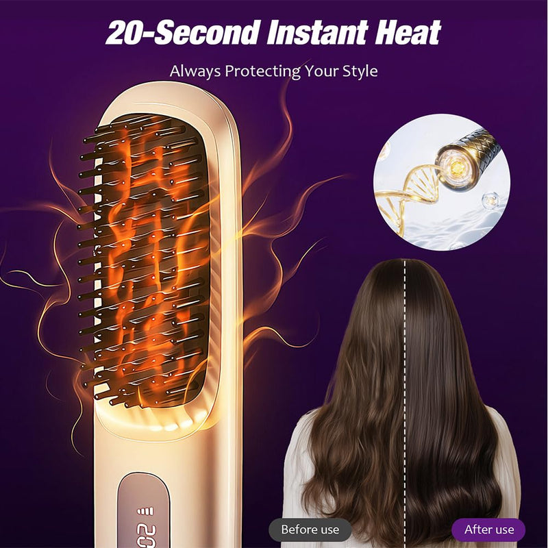 GlowWave Heated Brush, 2026 Cordless Hair Straightener Brush, 3 Heat Settings & LED Screen Glowcept Heated Brush, Portable & Rechargeable Heated Styling Brushes for Travel & Everyday Use (Purple)