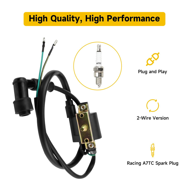 HIAORS Ignition Coil and A7TC Spark Plug for Coolster 125cc 110cc 90cc 70cc 50cc Taotao DB10 Cheetah Roketa Baja Kazuma Meerkat 50 Falcon 90 Apollo DB21 Chinese Kids ATV Quad 4 Wheeler Dirt Bike Parts