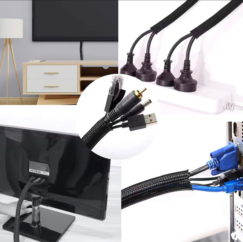 Cord Protector Cable Sleeve (10ft) with Adhesive Cable Holders, Expandable Cord Organizer & Wire Management Sleeve for TV, Computer, Home Office & Gaming Desk