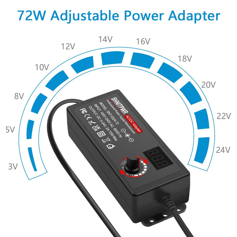 SHNITPWR 3V ~ 24V 3A 72W Power Supply Adjustable DC 3V 5V 6V 9V 12V 15V 16V 18V 19V 20V 24V Variable Universal AC/DC Adapter 100V-240V AC to DC Converter with 14 Tips 5.5x2.5mm 4.0x1.7mm 3.5x1.35mm Black