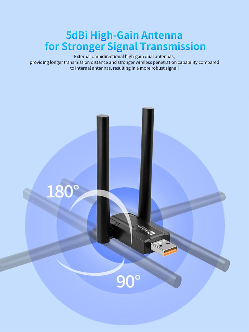 USB Wireless Network Adapter for PC/Laptop, AX900Mbps USB WiFi 6 Adapter Supports 2 x 5dBi Antenna Supports Bluetooth 5.4 Dual Band 2.4/5GHz, 802.11ax, WPA3, Supports Windows 11/10/8.1/8/7