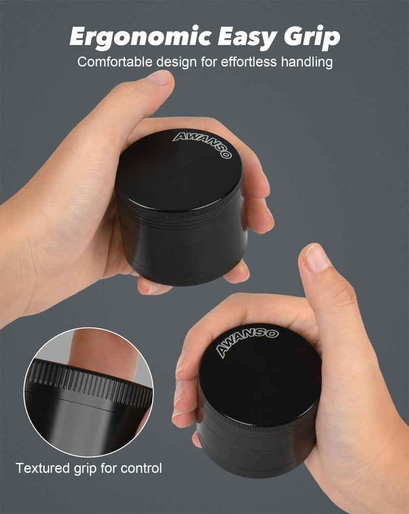 2" Grinder for Kitchen Spices, 3-Piece 4-Part Design, Screen-Free, Durable Zinc Alloy, Black 2.0"