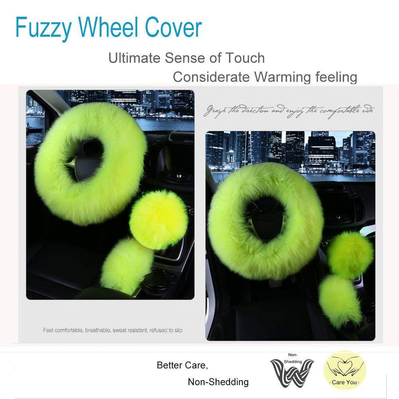 Car Steering Wheel Cover Gear Shift Handbrake Fuzzy Cover 1 Set 3 Pcs Multi-Colored with Winter Warm Pure Wool Fashion for Girl Women Ladies Universal Fit Most Car (Grass Green) Grass green