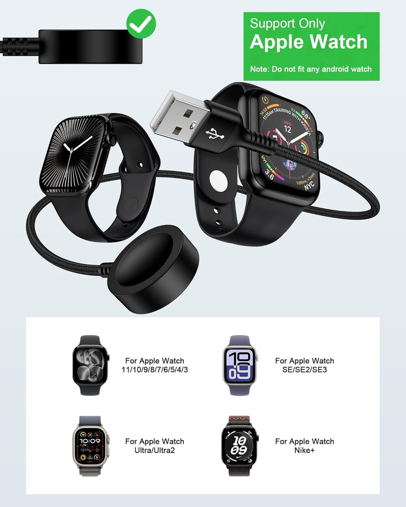 for Apple Watch Car Charger, Portable iWatch Charger USB to Magnetic Cord | Fast Charging Smart Watch Car Charger for iWatch Ultra3/2/SE3/SE2/SE Series 11/10/9/8/7/6/5/4/3/2/1, 3 FT Cargador de Reloj Black