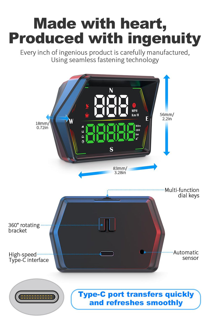 HUD Heads Up Display for Cars 2025 New Universal Digital GPS Speedometer LED Display with MPH Speed Compass Overspeed Alarm Fatigued Driving Alert,USB Cable Plug and Play for All Vehicle