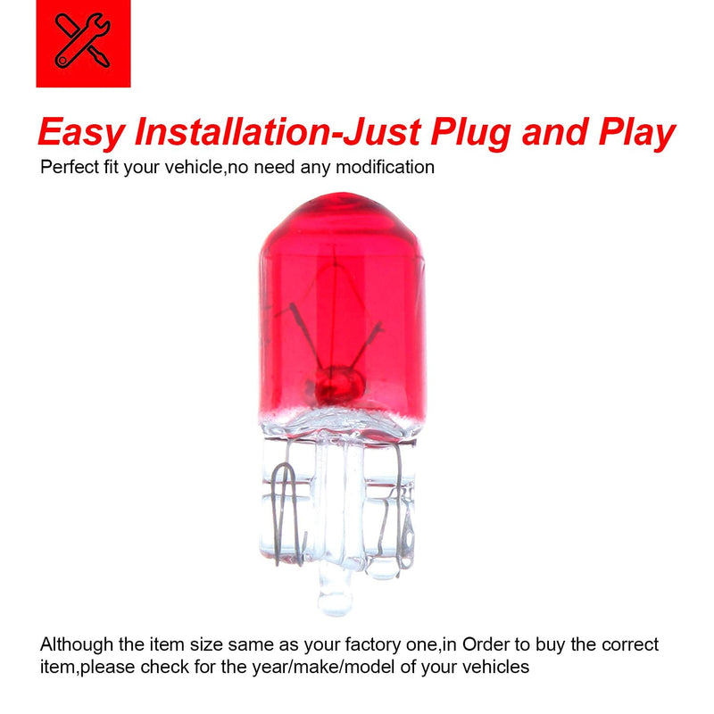 cciyu 10 pcs T10 W5W Red Halogen Light Bulb 168 194 Instrument Cluster Gauge Dash Lamp 12V