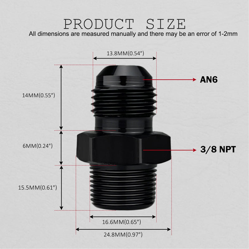 6AN Male Flare to 3/8" NPT Pipe Fitting Adapter Aluminum Straight Black, Pack of 4 6AN to 3/8 NPT