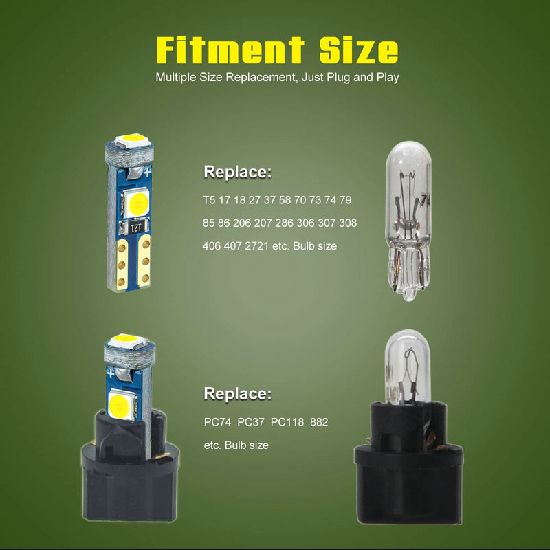 12V White T5 37 74 73 2723 2721 T10 158 168 194 2825 with Socket Instrument Cluster Light LED Bulb Replacement Dashboard Panel Gauge Indicator Lamp PC74 PC37 PC118 PC168 PC175 PC194 PC195 PC160 PC161