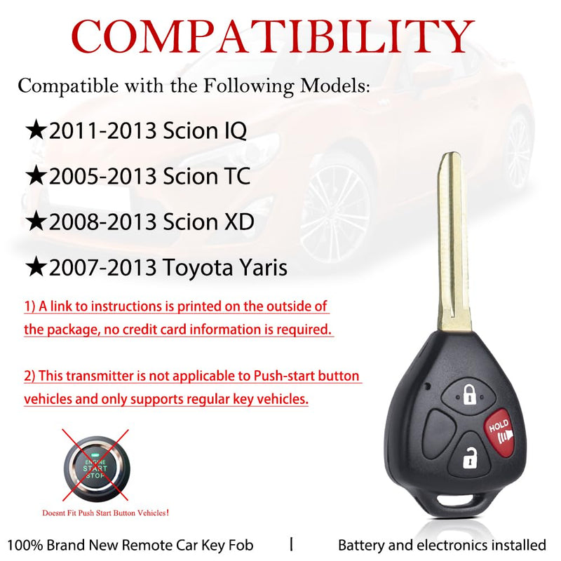 MechanMagic Key Fob Remote Replacement Fits for Toyota Yaris/Scion IQ TC XD (FCC ID:MOZB41TG) 2007 2008 2009 2010 2011 2012 2013 Keyless Entry Remote Control (4D67 Dot Chip)