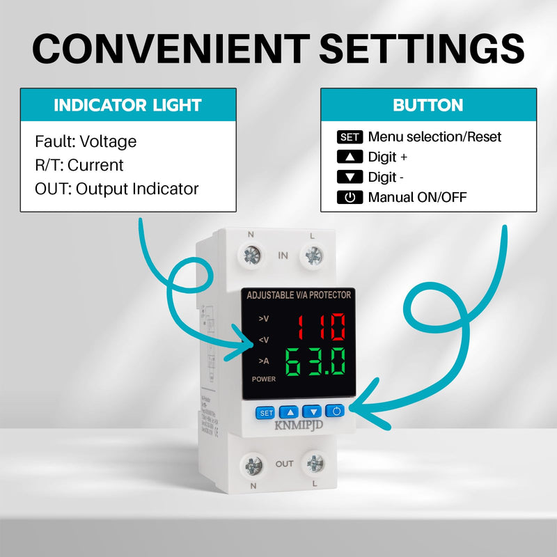 Adjustable Voltage Protector AC/DC 110V 63Amp Smart Breaker Adjustable Over Under Voltage Protection Double LED Display Voltage Current Intelligent Relays Reset Prote